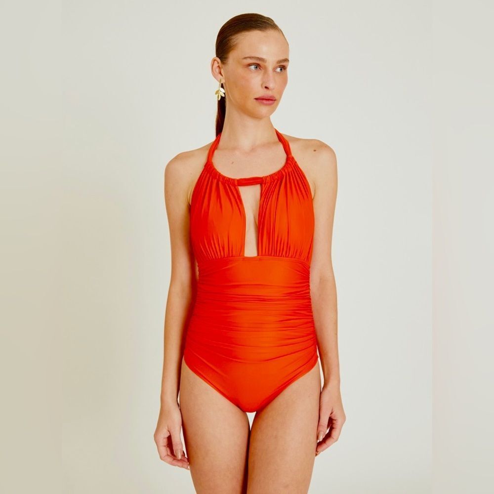 Lenny Niemeyer Kinkan Orange Ruched Halter One Piece Swimsuit S